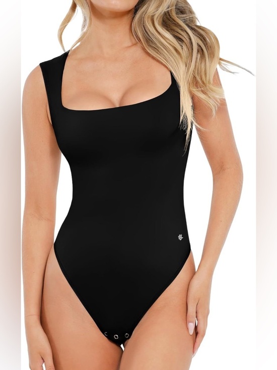 Popilush Tops - Popilush Black Square Neck Bodysuit Tummy Control Thong Large NWT